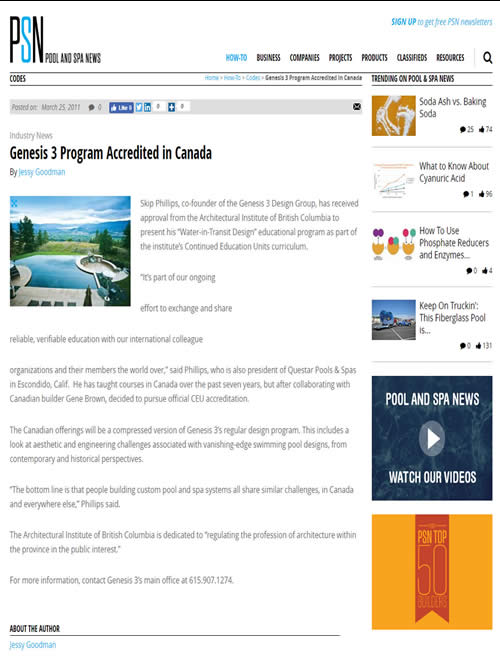 Pool and Spa News Genesis 3 Accredited In Canada March 2011